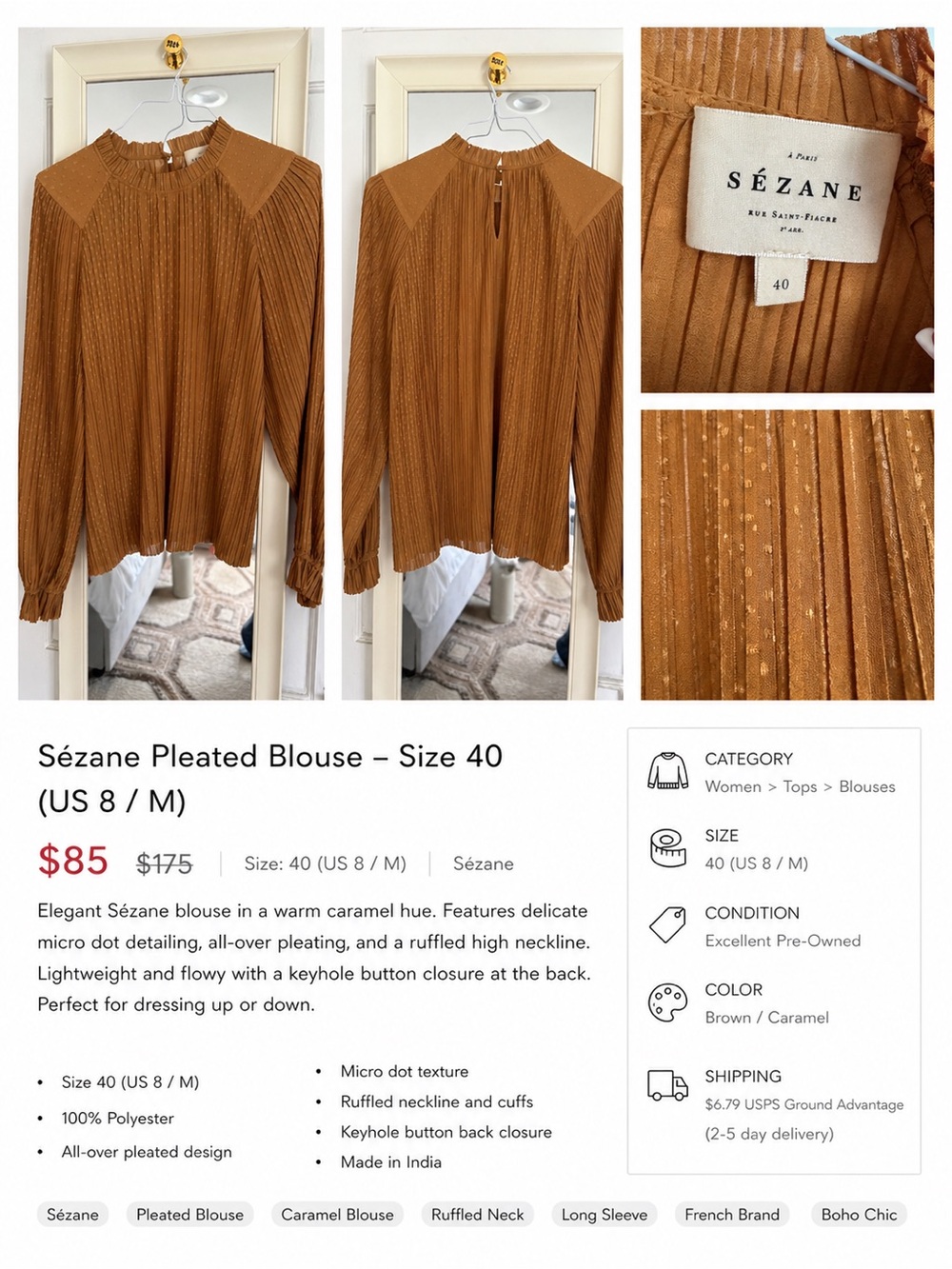 Sézane Caramel Pleated Long-Sleeve Blouse